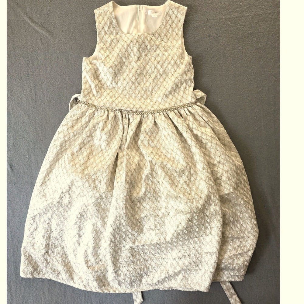 Tahari Girls Gold Ivory Shimmer Formal Dress Size 8 Rhinestone Fit Flare Special